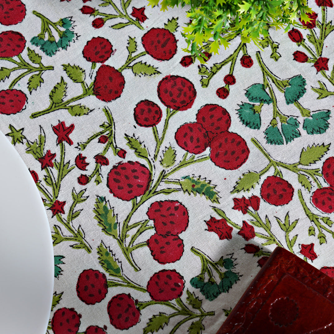 Garnet Red Cherry Print Hand-Block Printed Cotton Round Tablecloth