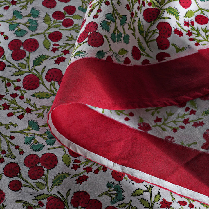 Garnet Red Cherry Print Hand-Block Printed Cotton Round Tablecloth