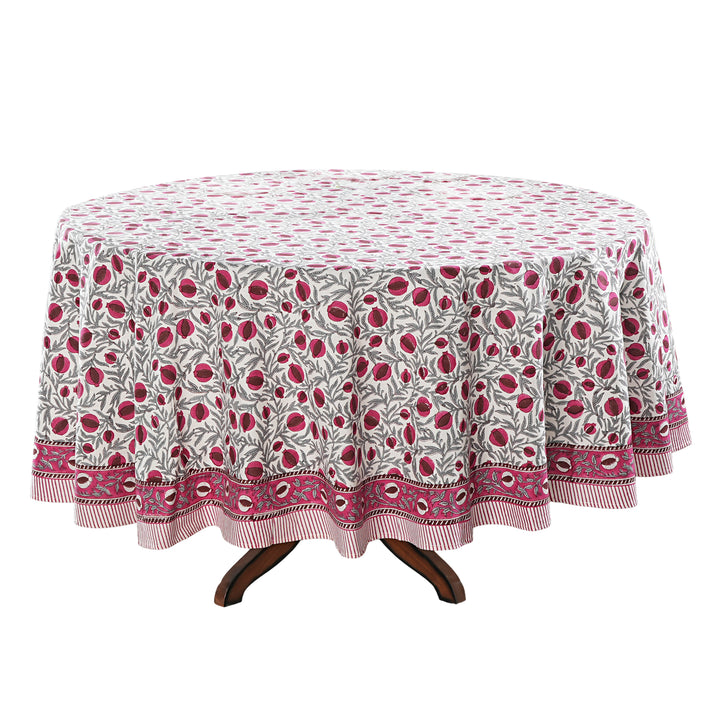 Sangria Red, Cerise Pink Pomegranate Design Indian Hand-Block Printed Cotton Round Tablecloth