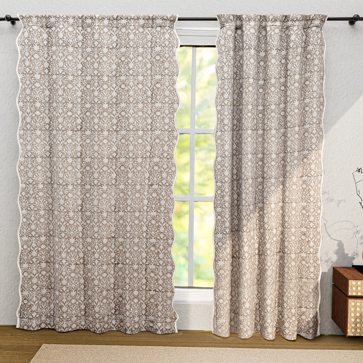 Hand Block Printed Taupe Floral Cotton Curtains Product Image 1 - The Fabricrush