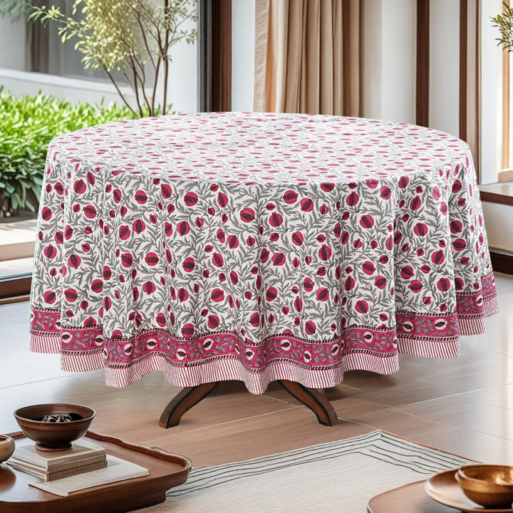 Sangria Red, Cerise Pink Pomegranate Design Indian Hand-Block Printed Cotton Round Tablecloth