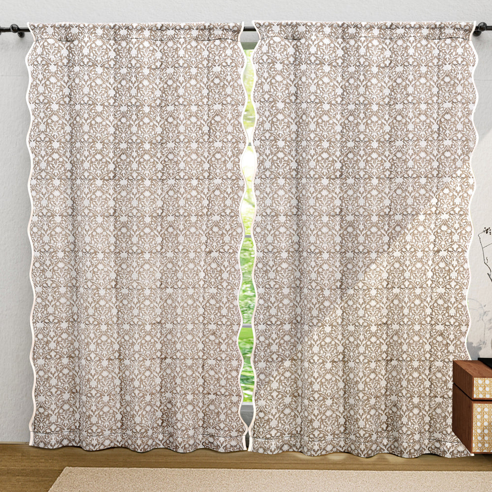 Hand Block Printed Taupe Floral Cotton Curtains Product Image 2 - The Fabricrush