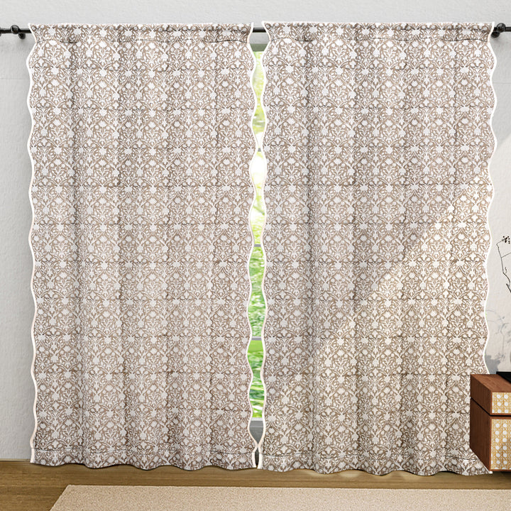 Hand Block Printed Taupe Floral Cotton Curtains Product Image 2 - The Fabricrush