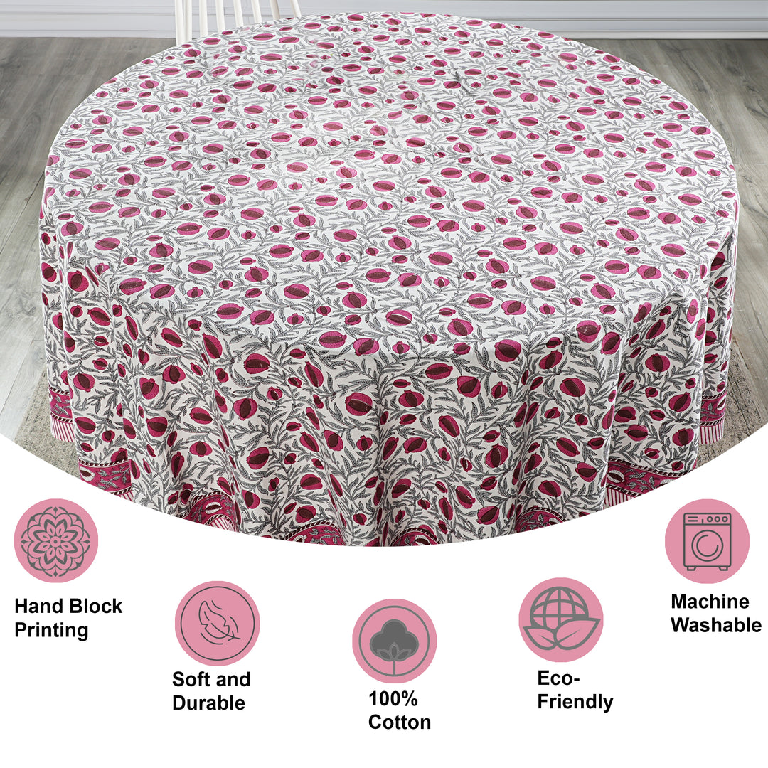 Sangria Red, Cerise Pink Pomegranate Design Indian Hand-Block Printed Cotton Round Tablecloth