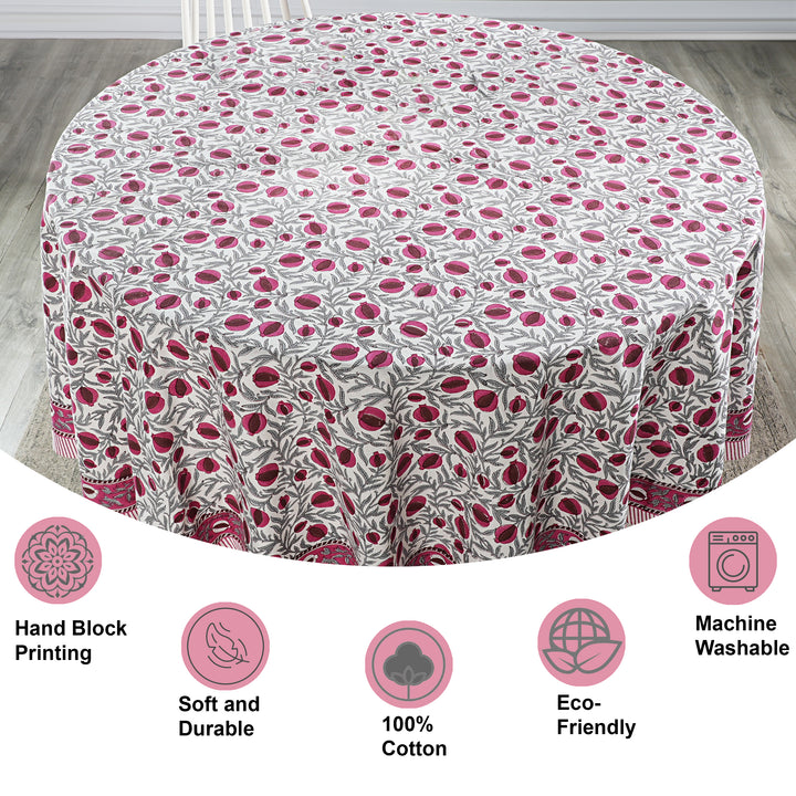 Sangria Red, Cerise Pink Pomegranate Design Indian Hand-Block Printed Cotton Round Tablecloth