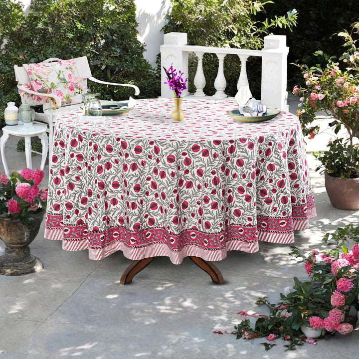 Sangria Red, Cerise Pink Pomegranate Design Indian Hand-Block Printed Cotton Round Tablecloth