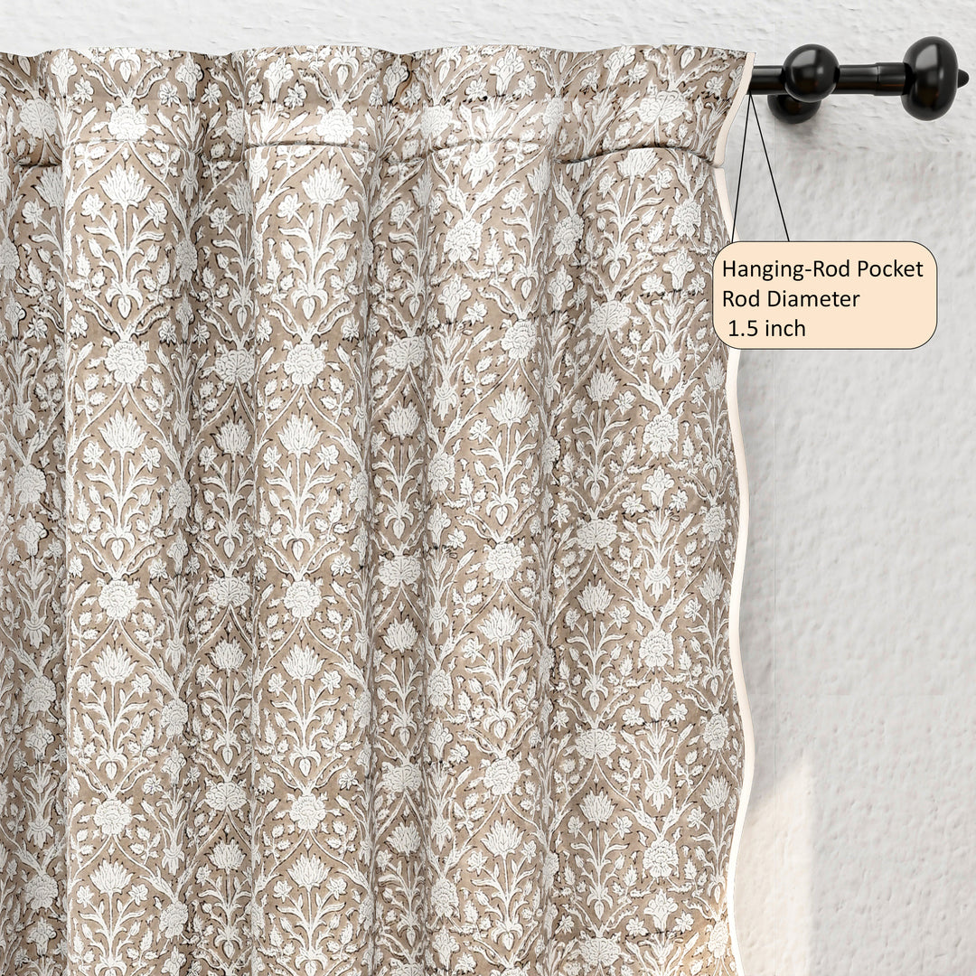 Hand Block Printed Taupe Floral Cotton Curtains Product Image 5 - The Fabricrush