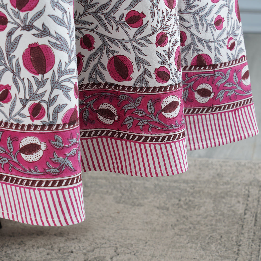 Sangria Red, Cerise Pink Pomegranate Design Indian Hand-Block Printed Cotton Round Tablecloth