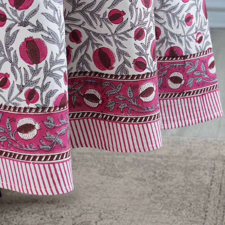 Sangria Red, Cerise Pink Pomegranate Design Indian Hand-Block Printed Cotton Round Tablecloth