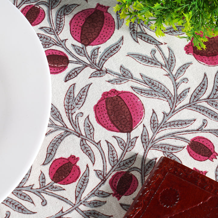 Sangria Red, Cerise Pink Pomegranate Design Indian Hand-Block Printed Cotton Round Tablecloth