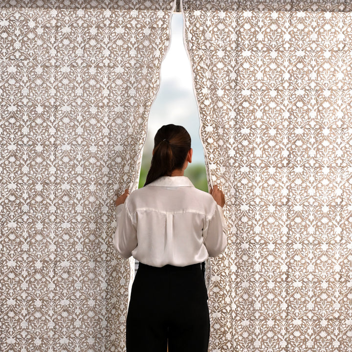 Hand Block Printed Taupe Floral Cotton Curtains Product Image 3 - The Fabricrush