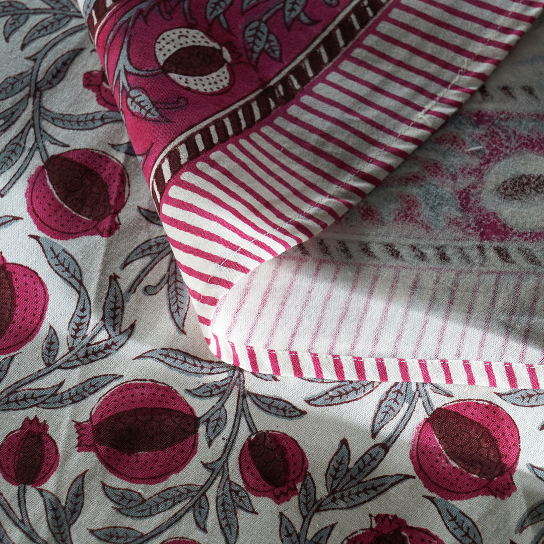 Sangria Red, Cerise Pink Pomegranate Design Indian Hand-Block Printed Cotton Round Tablecloth