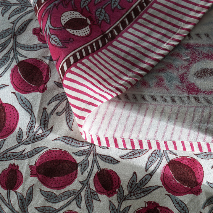 Sangria Red, Cerise Pink Pomegranate Design Indian Hand-Block Printed Cotton Round Tablecloth
