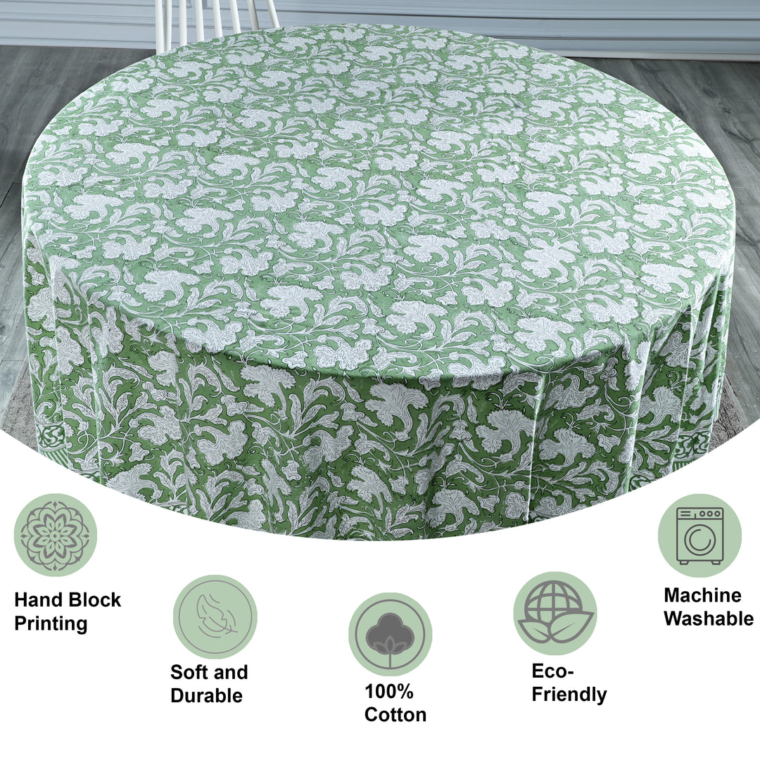 Sage Green Indian Floral Hand-Block Printed Cotton Round Tablecloth