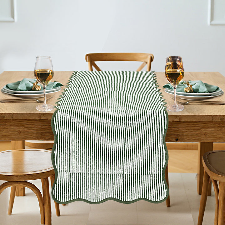 Green Stripes With Green Scalloped Piping Table Runner