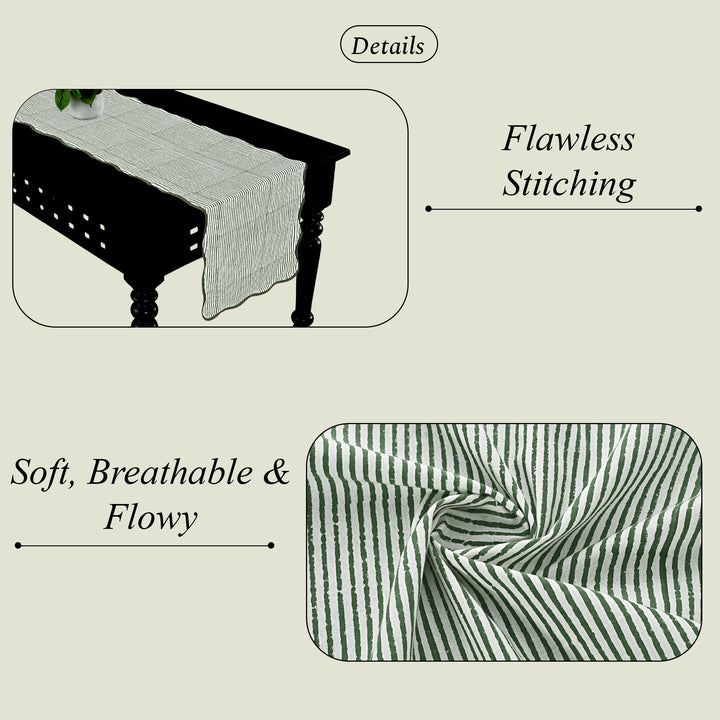Green Stripes With Green Scalloped Piping Table Runner
