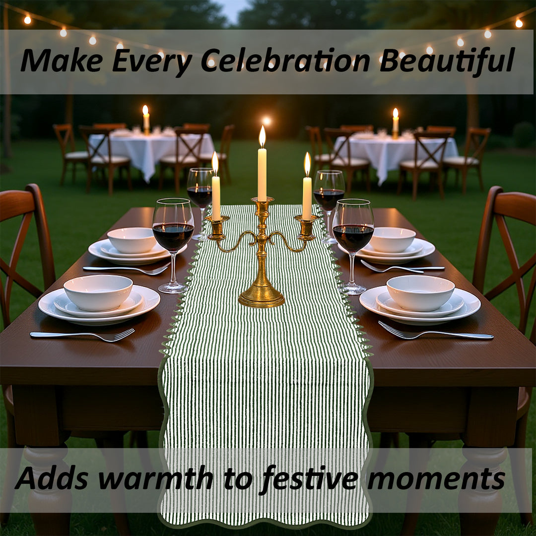 Green Stripes With Green Scalloped Piping Table Runner