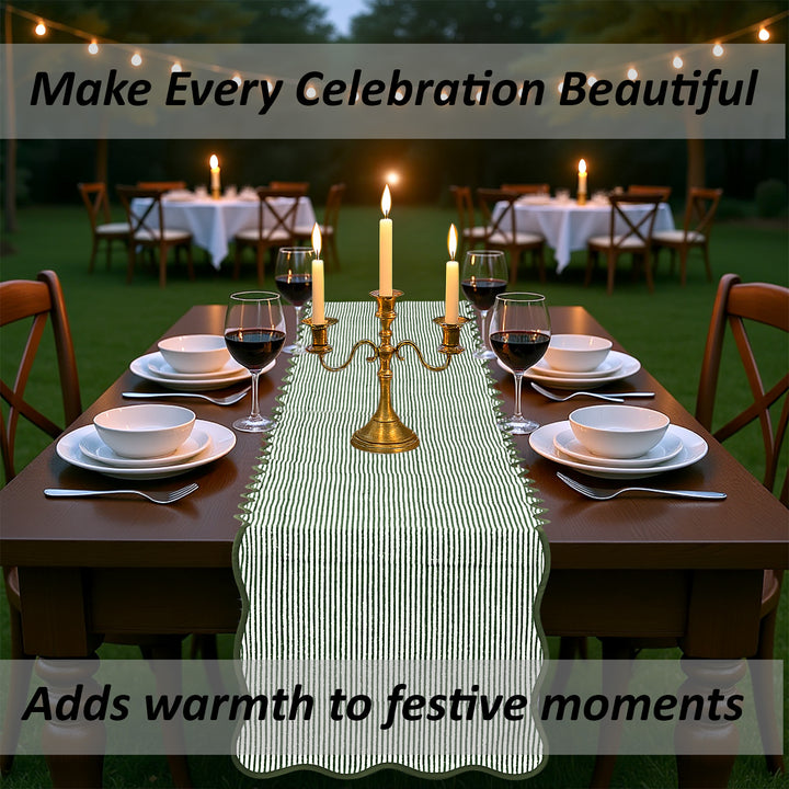 Green Stripes With Green Scalloped Piping Table Runner