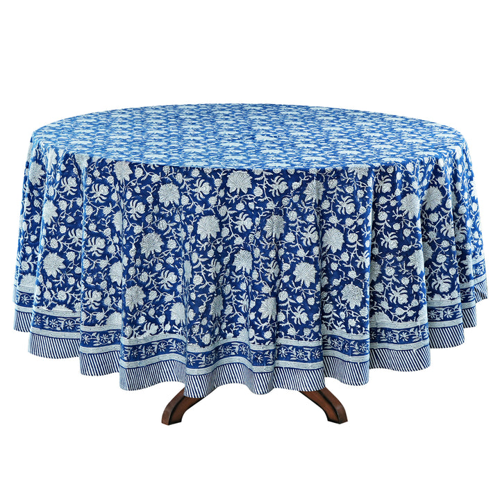 Aegean Blue Indian Floral Hand- Block Printed Cotton Round Tablecloth