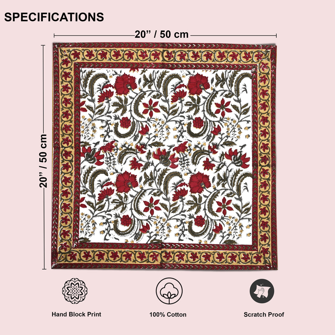 Prune Red and Army Green Floral Printed Border Napkins Size 20x20"