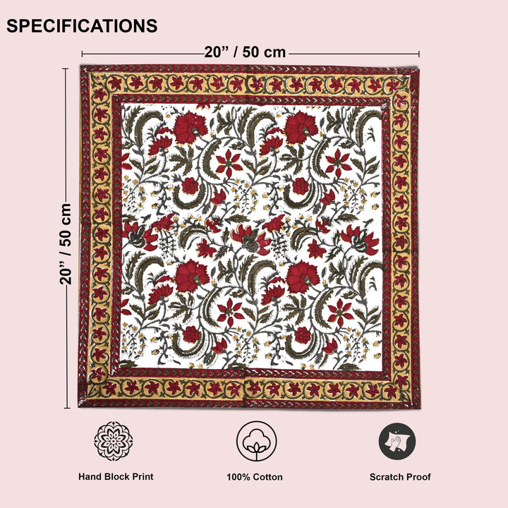 Prune Red and Army Green Floral Printed Border Napkins Size 20x20"