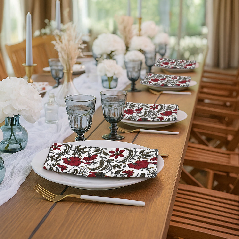 Prune Red and Army Green Floral Printed Border Napkins Size 20x20"