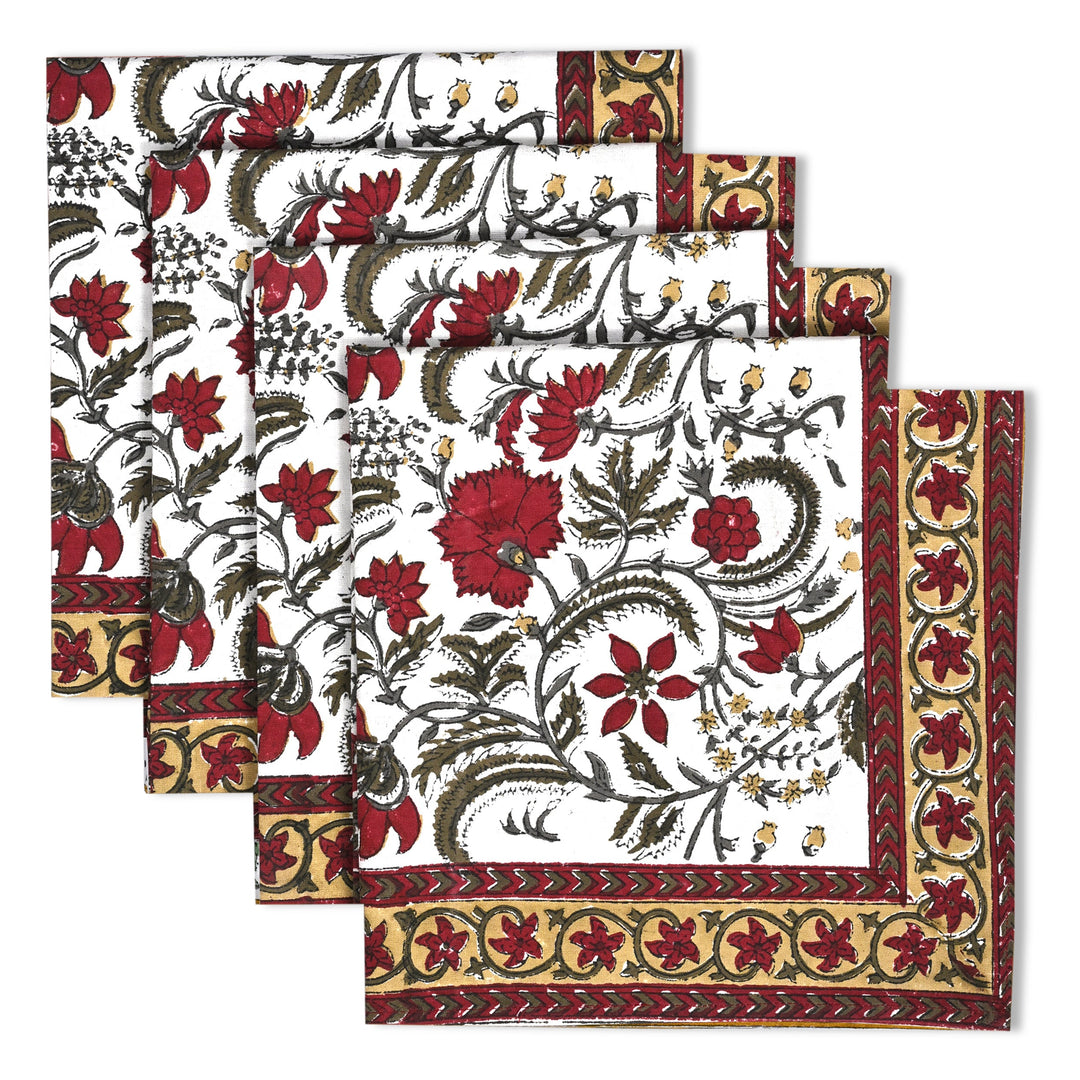 Prune Red and Army Green Floral Printed Border Napkins Size 20x20"