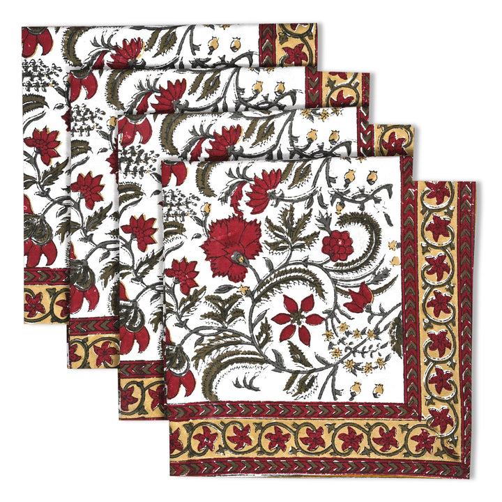 Prune Red and Army Green Floral Printed Border Napkins Size 20x20"