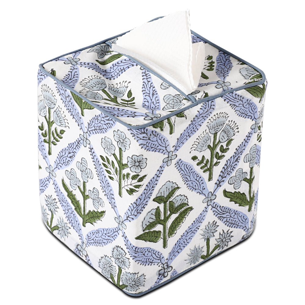handblock printed light steel blue piping tissue box cover product image 1