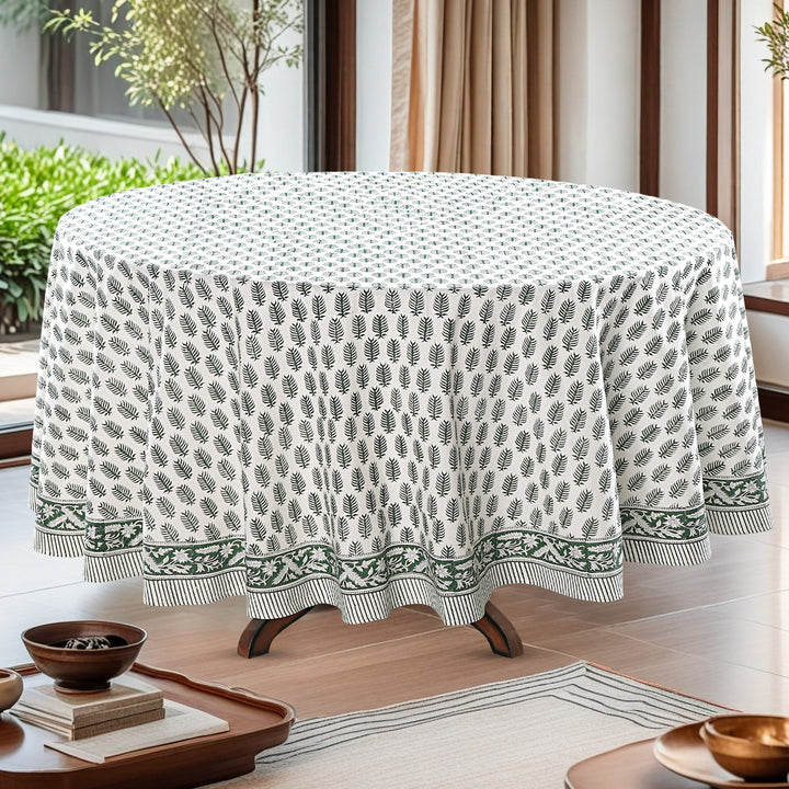 Juniper Green Leaf Print Round Tablecloth