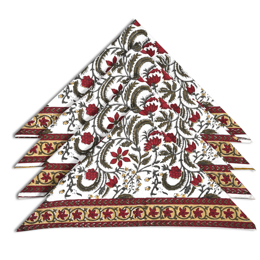 Prune Red and Army Green Floral Printed Border Napkins Size 20x20"