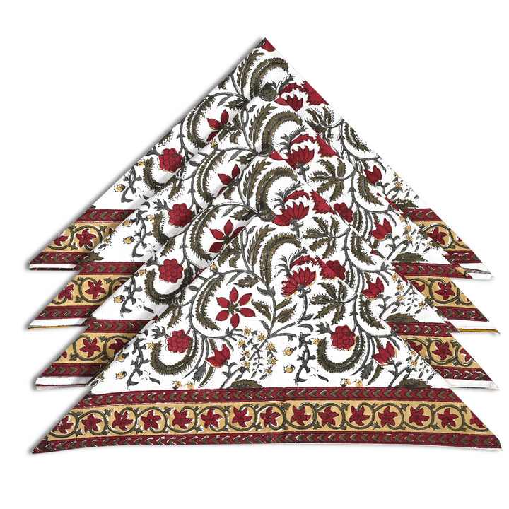 Prune Red and Army Green Floral Printed Border Napkins Size 20x20"