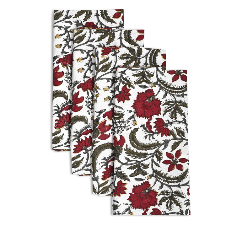 Prune Red and Army Green Floral Printed Border Napkins Size 20x20"