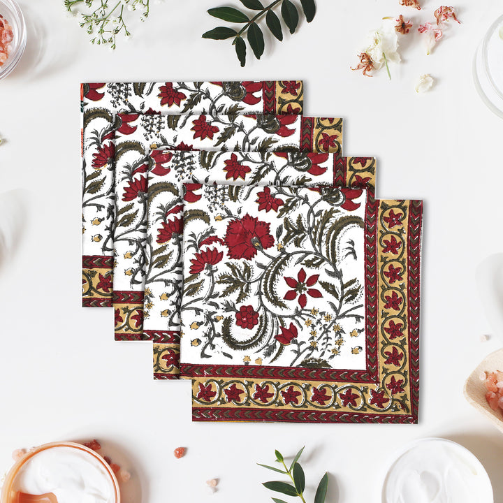 Prune Red and Army Green Floral Printed Border Napkins Size 20x20"
