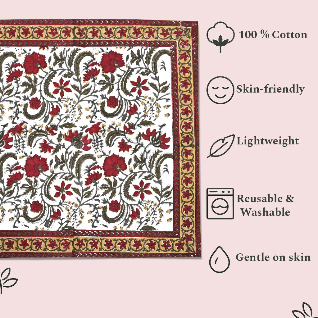 Prune Red and Army Green Floral Printed Border Napkins Size 20x20"