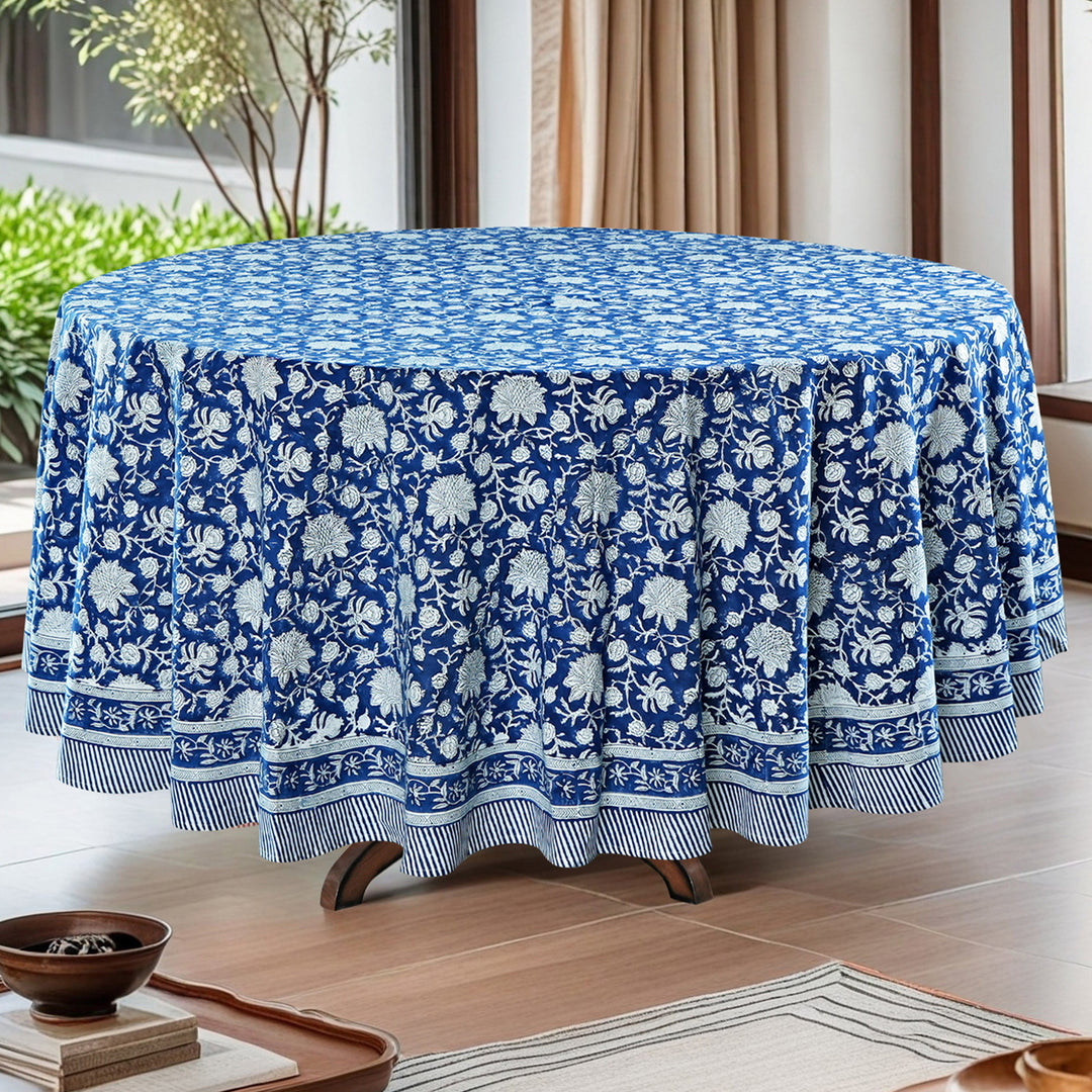 Aegean Blue Indian Floral Hand- Block Printed Cotton Round Tablecloth