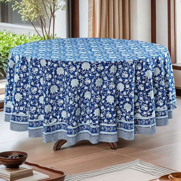 Aegean Blue Indian Floral Hand- Block Printed Cotton Round Tablecloth