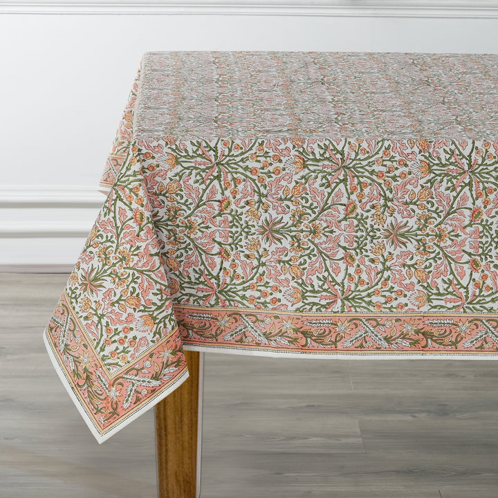 Fabricrush Tablecloth, Sassy and Salmon Pink Indian Hand Block Floral Printed Cotton Table Cover, Table Top, French Tablecloth, Gift for her, gifts, Valentine's day, Spring, Easter