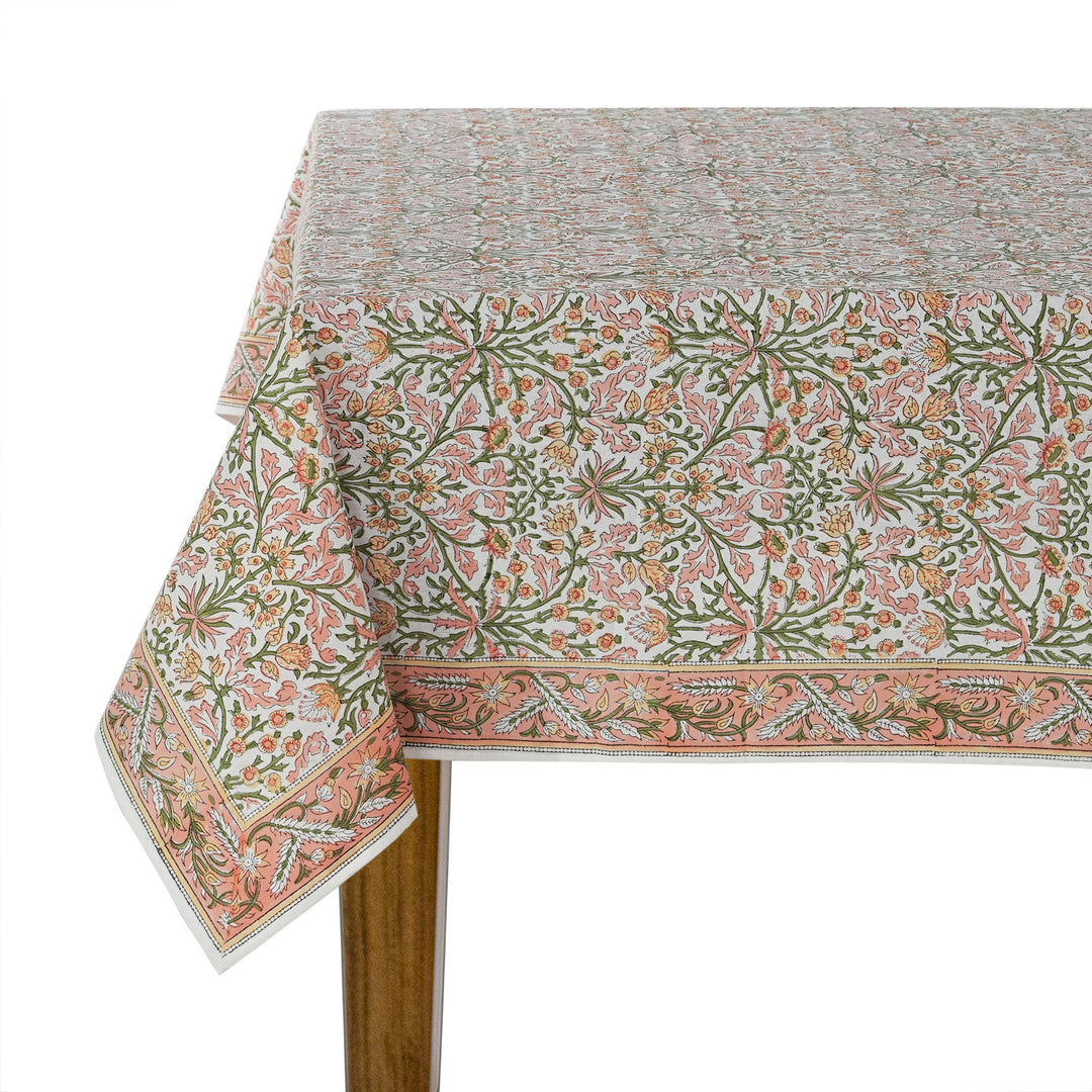 Fabricrush Tablecloth, Sassy and Salmon Pink Indian Hand Block Floral Printed Cotton Table Cover, Table Top, French Tablecloth, Gift for her, gifts, Valentine's day, Spring, Easter