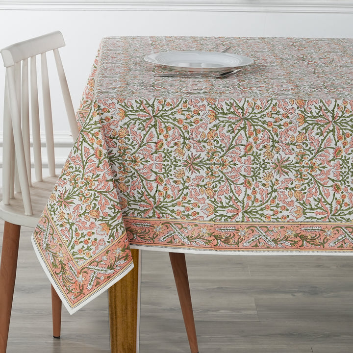 Fabricrush Tablecloth, Sassy and Salmon Pink Indian Hand Block Floral Printed Cotton Table Cover, Table Top, French Tablecloth, Gift for her, gifts, Valentine's day, Spring, Easter