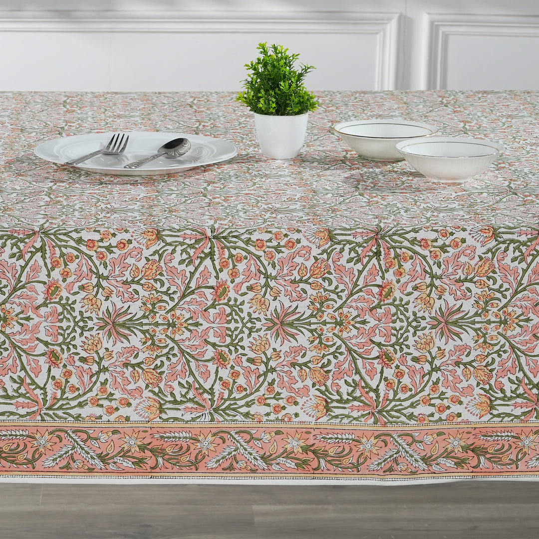 Fabricrush Tablecloth, Sassy and Salmon Pink Indian Hand Block Floral Printed Cotton Table Cover, Table Top, French Tablecloth, Gift for her, gifts, Valentine's day, Spring, Easter