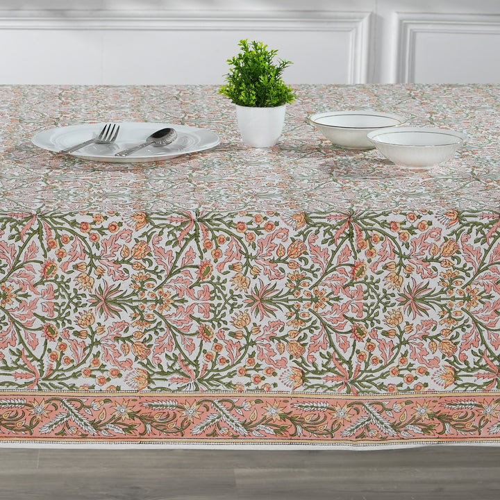 Fabricrush Tablecloth, Sassy and Salmon Pink Indian Hand Block Floral Printed Cotton Table Cover, Table Top, French Tablecloth, Gift for her, gifts, Valentine's day, Spring, Easter