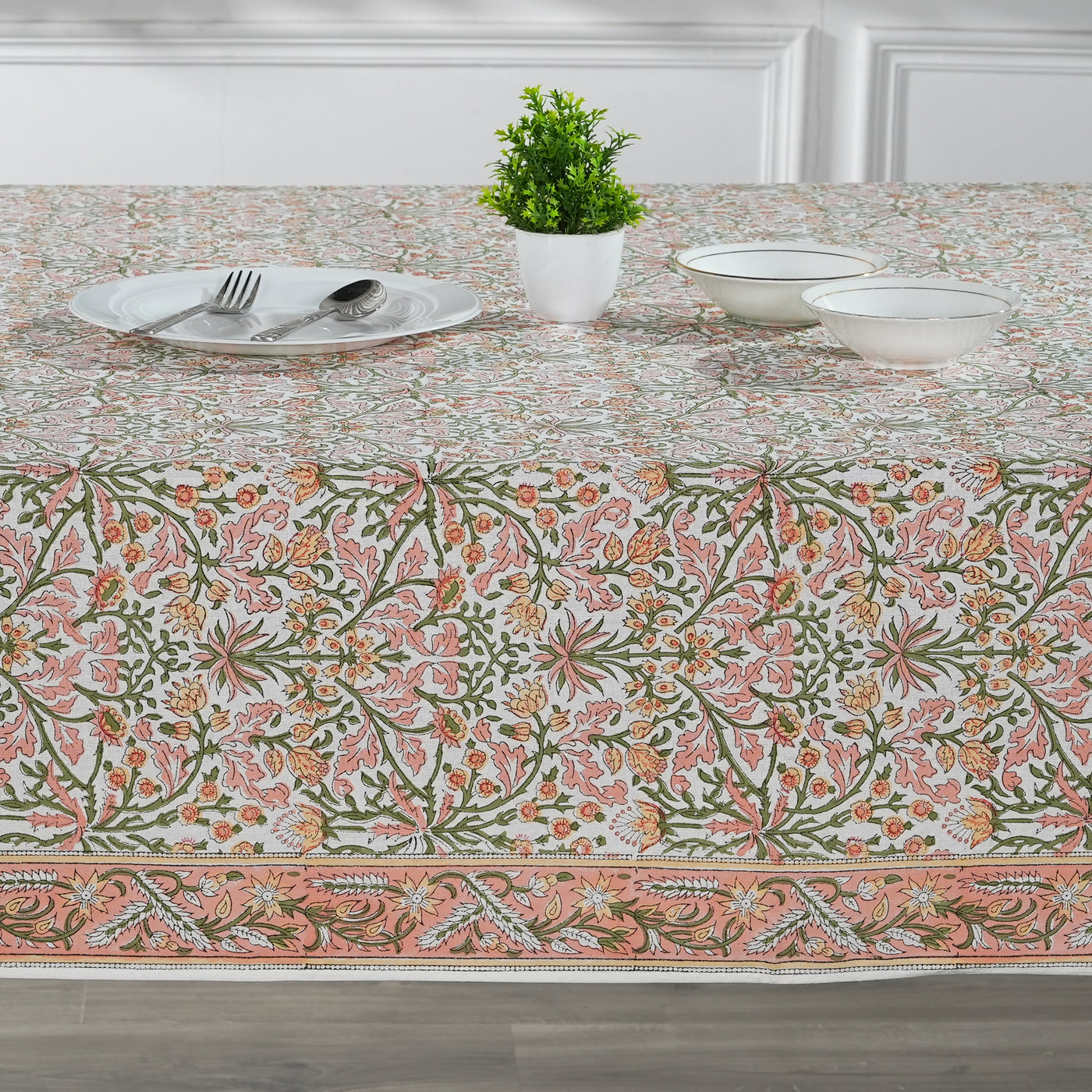 Fabricrush Tablecloth, Sassy and Salmon Pink Indian Hand Block Floral Printed Cotton Table Cover, Table Top, French Tablecloth