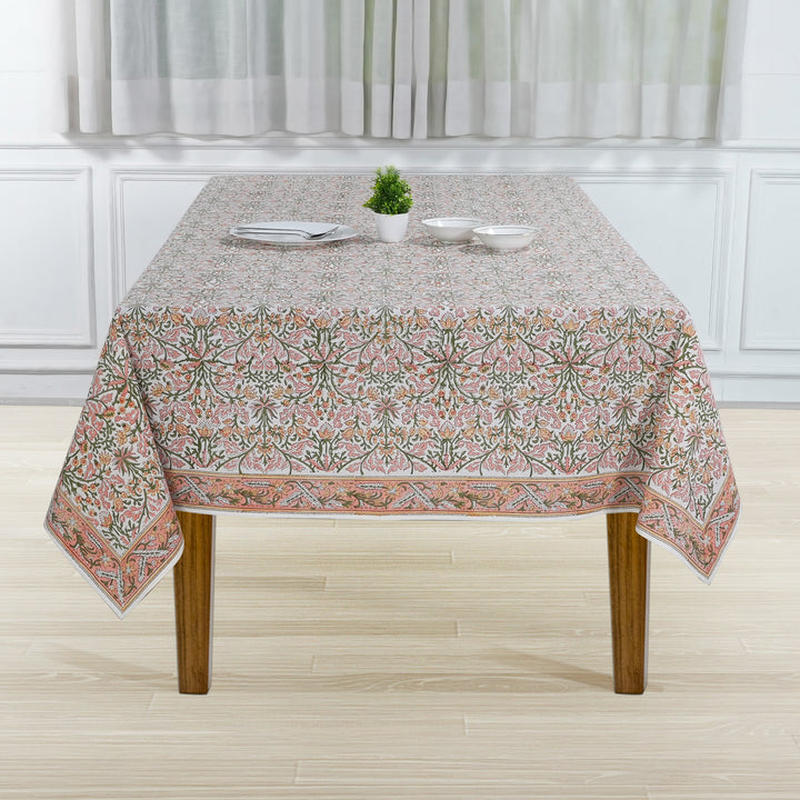 Fabricrush Tablecloth, Sassy and Salmon Pink Indian Hand Block Floral Printed Cotton Table Cover, Table Top, French Tablecloth, Gift for her, gifts, Valentine's day, Spring, Easter