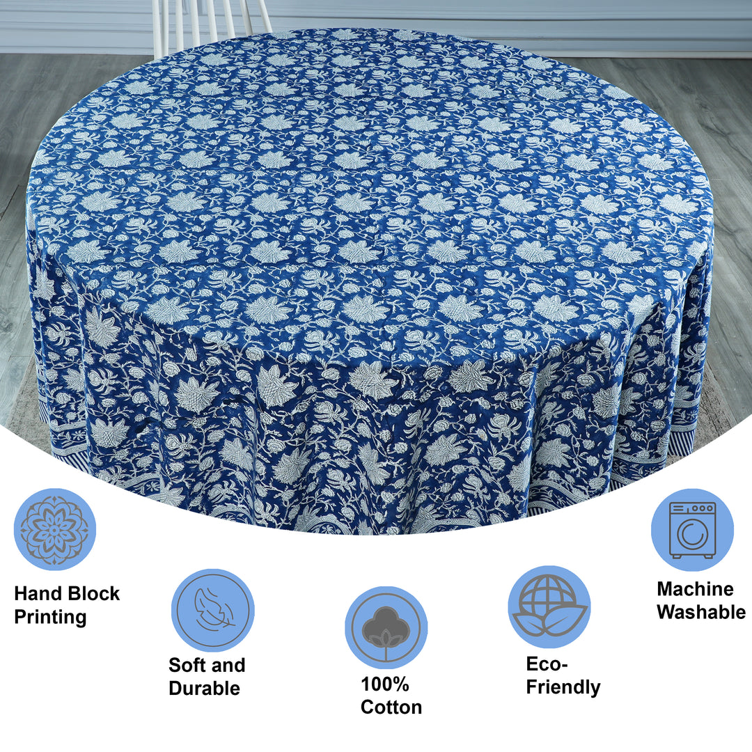 Aegean Blue Indian Floral Hand- Block Printed Cotton Round Tablecloth