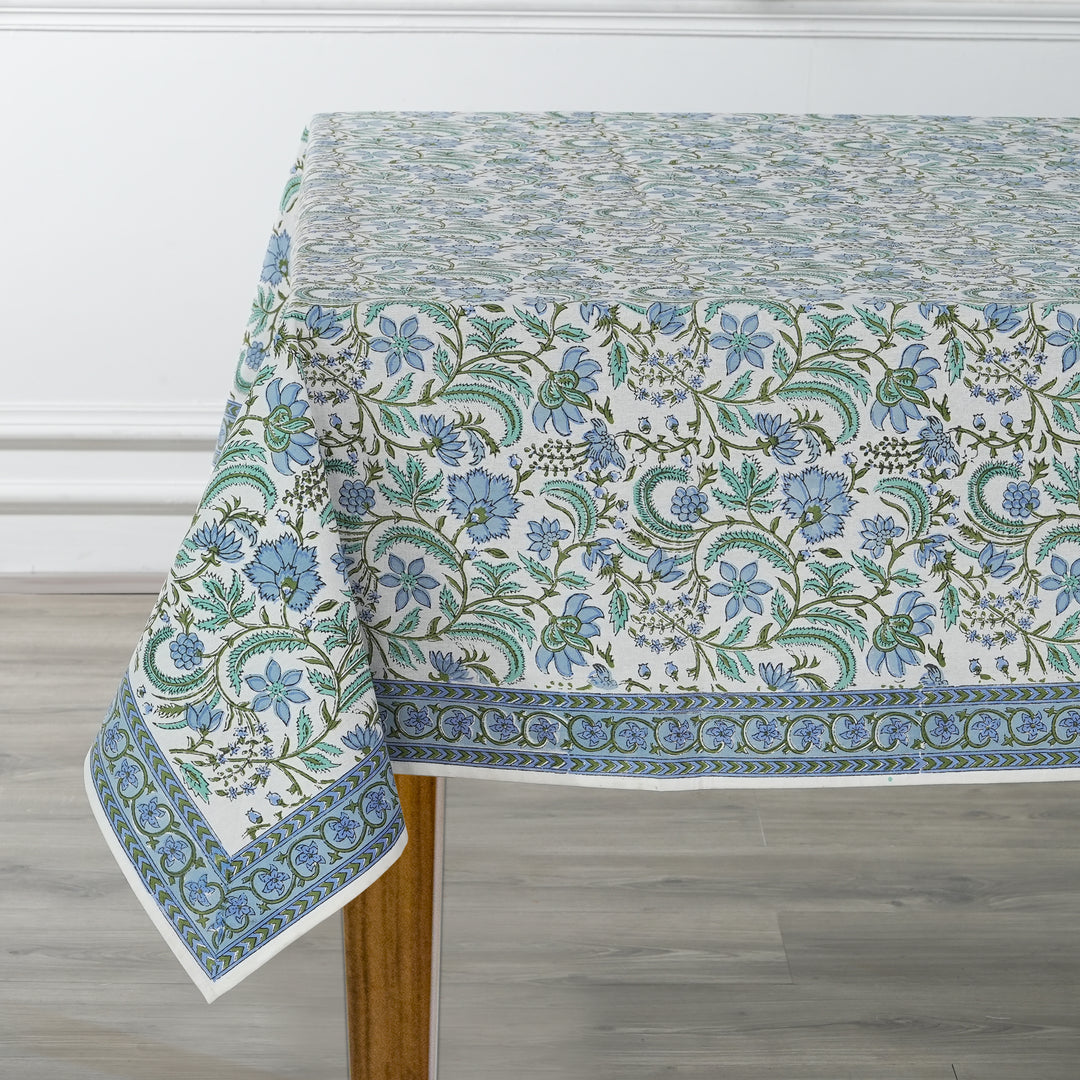 Fabricrush Columbia Blue Indian Hand Block Floral Printed Cotton Table Cover, Table Top, French Tablecloth, Custom Table Cloth, Gift for her, gifts, Valentine's day, Spring, Easter