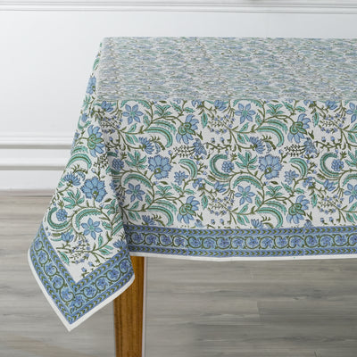 Fabricrush Columbia Blue Indian Hand Block Floral Printed Cotton Table Cover, Table Top, French Tablecloth