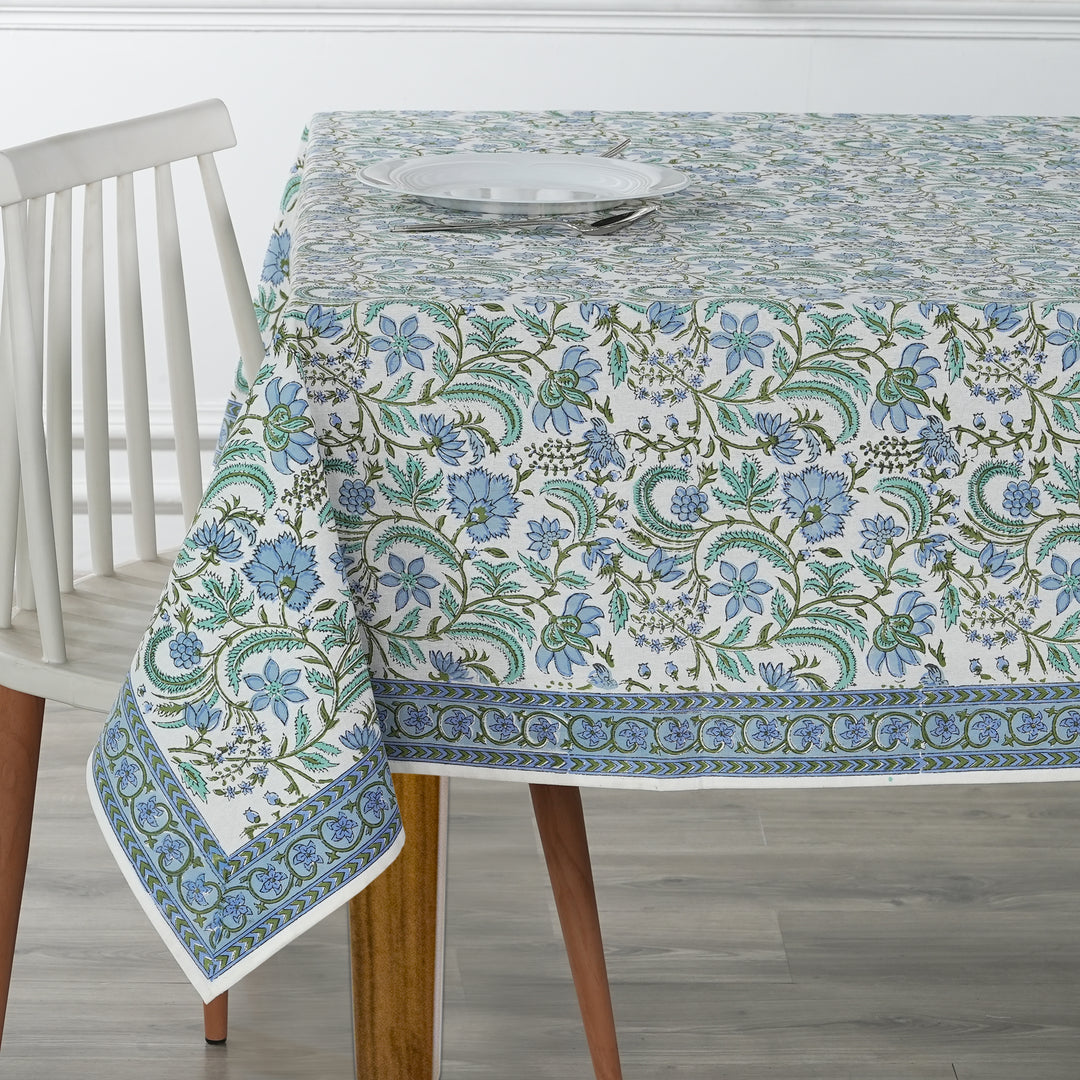 Fabricrush Columbia Blue Indian Hand Block Floral Printed Cotton Table Cover, Table Top, French Tablecloth, Custom Table Cloth, Gift for her, gifts, Valentine's day, Spring, Easter