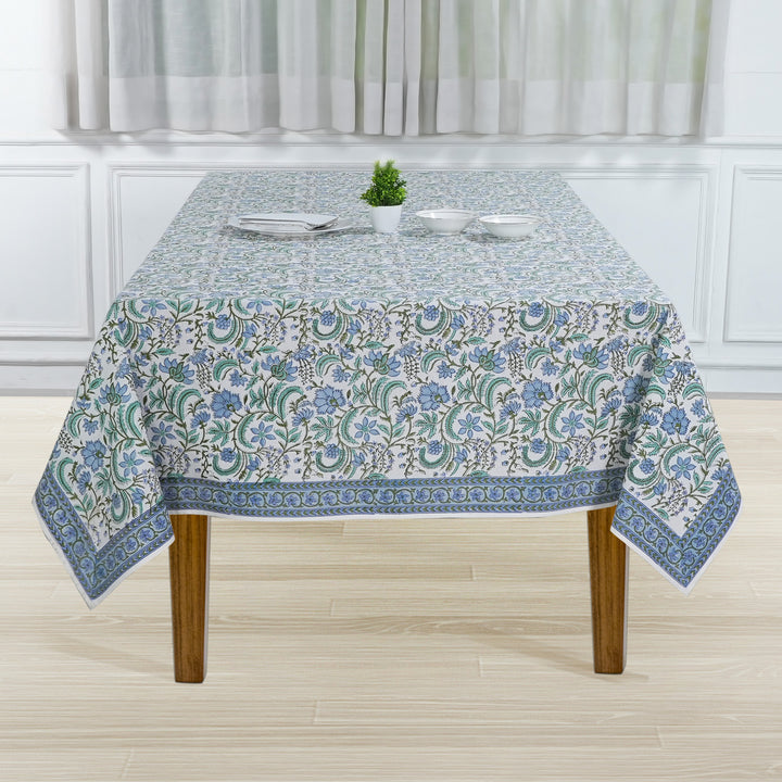 Fabricrush Columbia Blue Indian Hand Block Floral Printed Cotton Table Cover, Table Top, French Tablecloth, Custom Table Cloth, Gift for her, gifts, Valentine's day, Spring, Easter