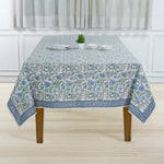 Fabricrush Columbia Blue Indian Hand Block Floral Printed Cotton Table Cover, Table Top, French Tablecloth